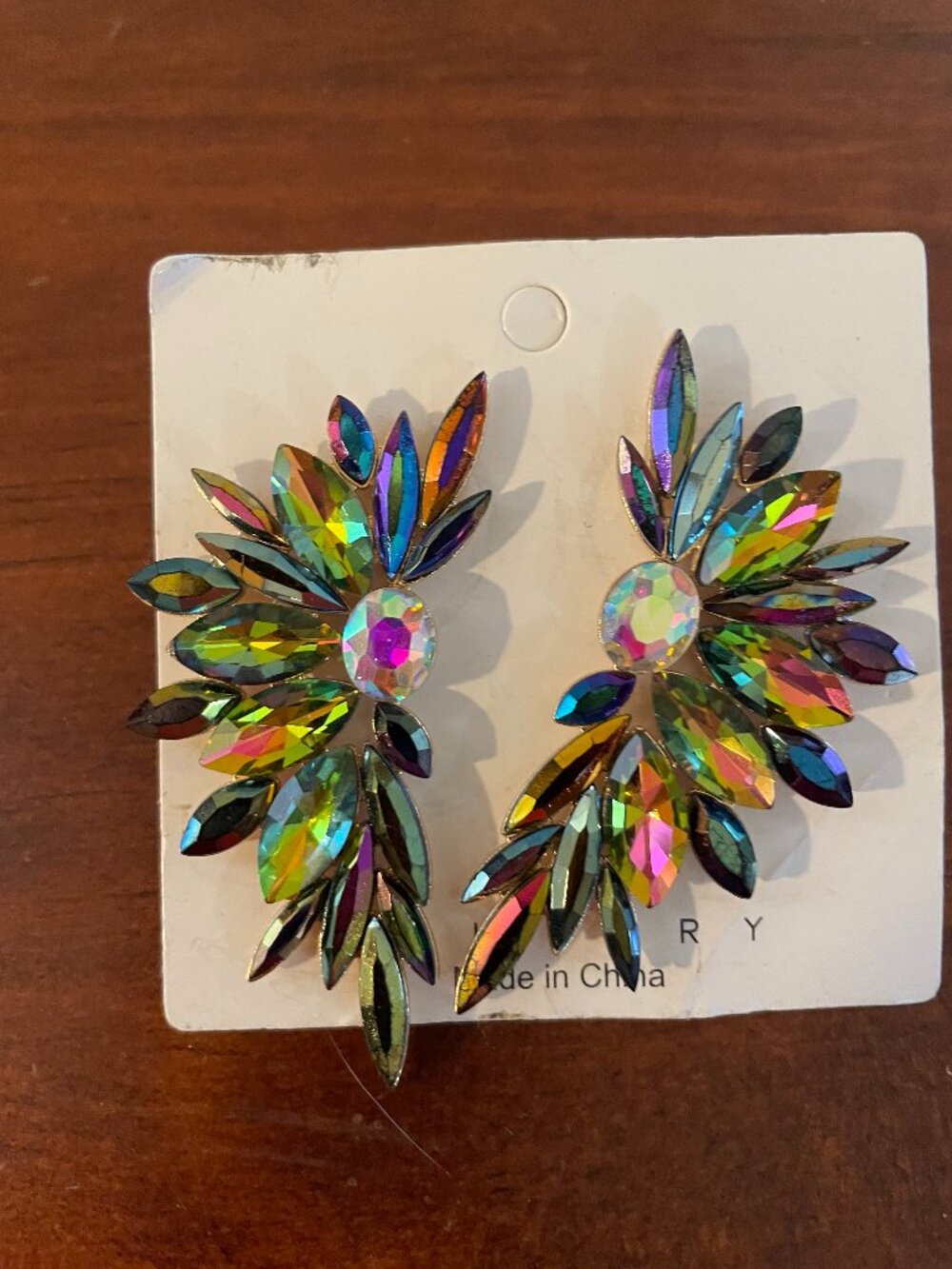 Rainbow AB Rhinestone Statement Earrings Peacock Oil Slick 2" Glam